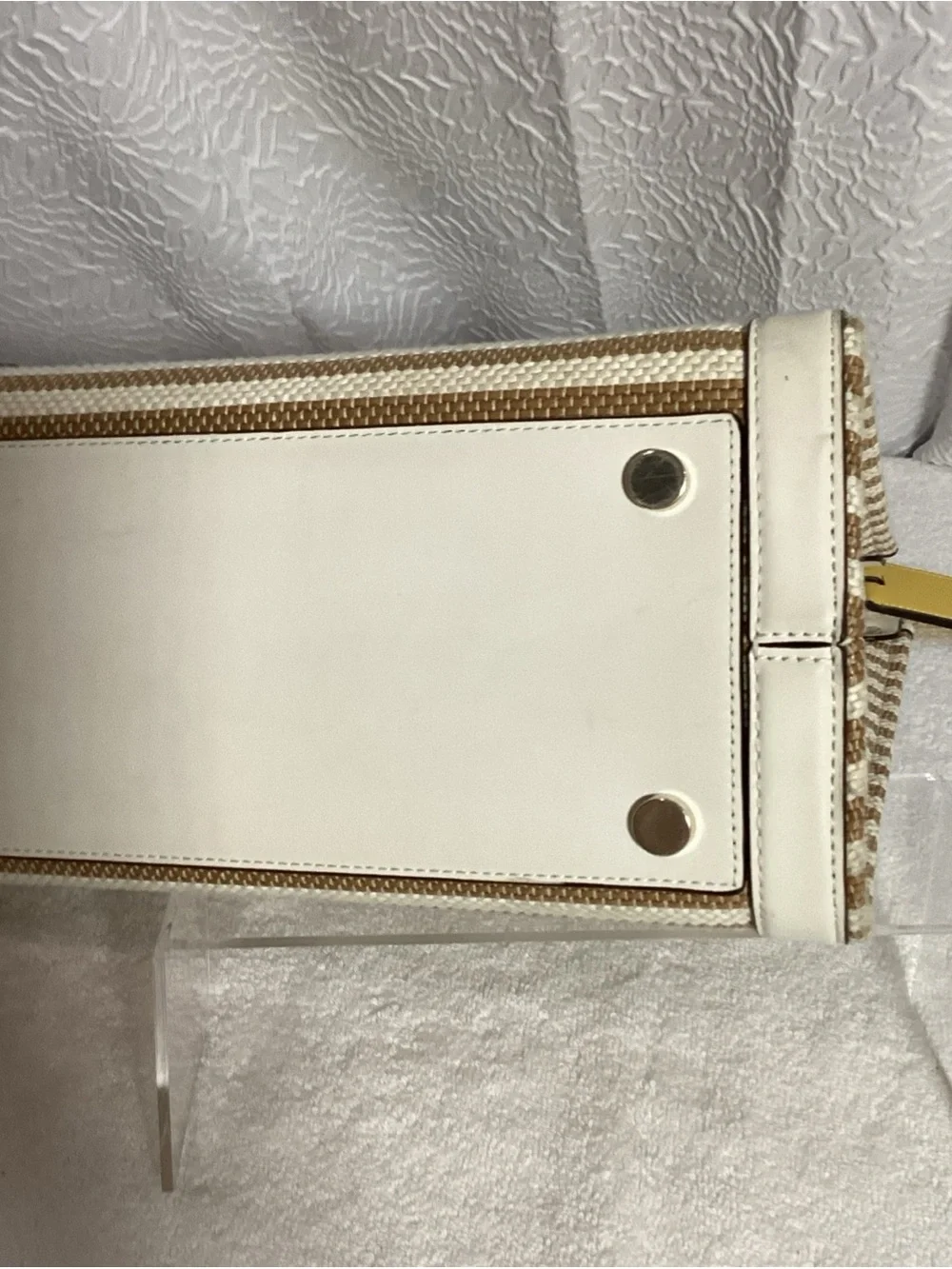 Kate Spade Market Stripe Medium Parchment Color Woven Canvas Tote Bag w/ Charm